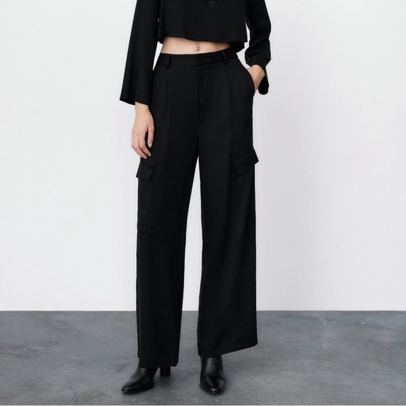 Zara Black Wide Leg Cargo Pants - Picture 1 of 7